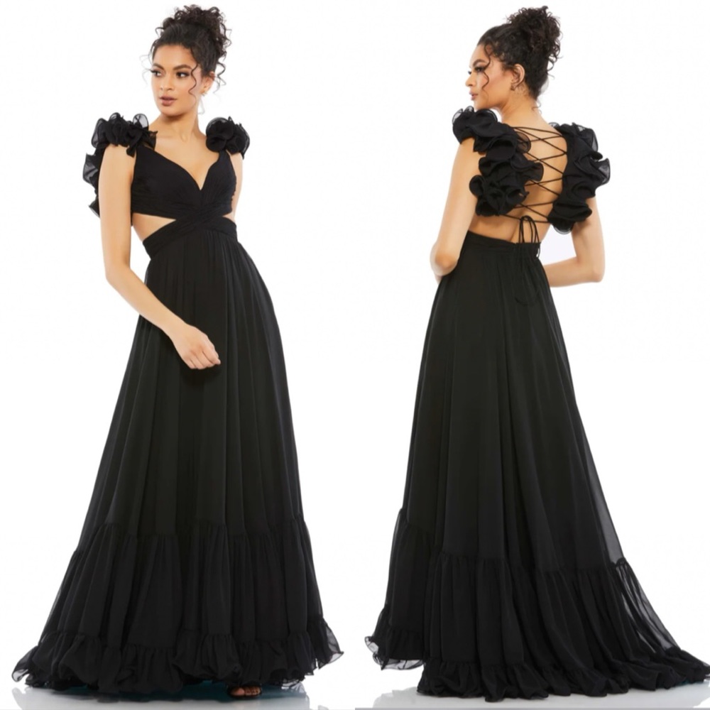Ieena for Mac Duggal Ruffled Cutout Gown Maxi Dress in Black Size 8